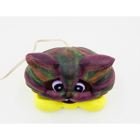 Hand Painted Ceramic Mold Grinning Cat Head Bowtie Lamp 2 PC Table Light - Picture 7 of 11